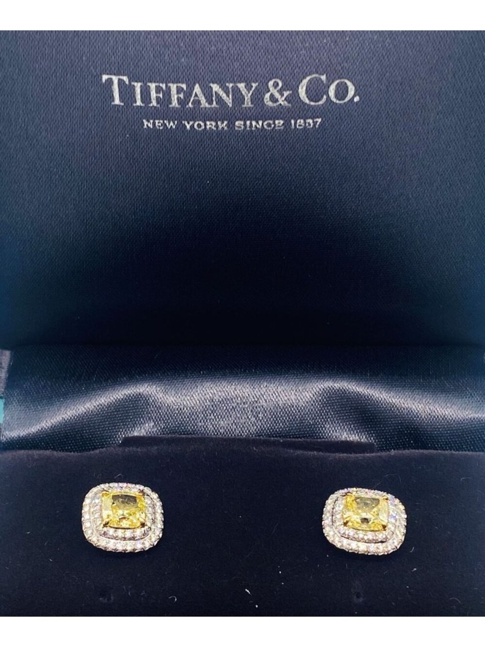 Tiffany & Co Soleste 18K Gold Platinum 950 Double Halo Diamond Earrings  2.05 TC